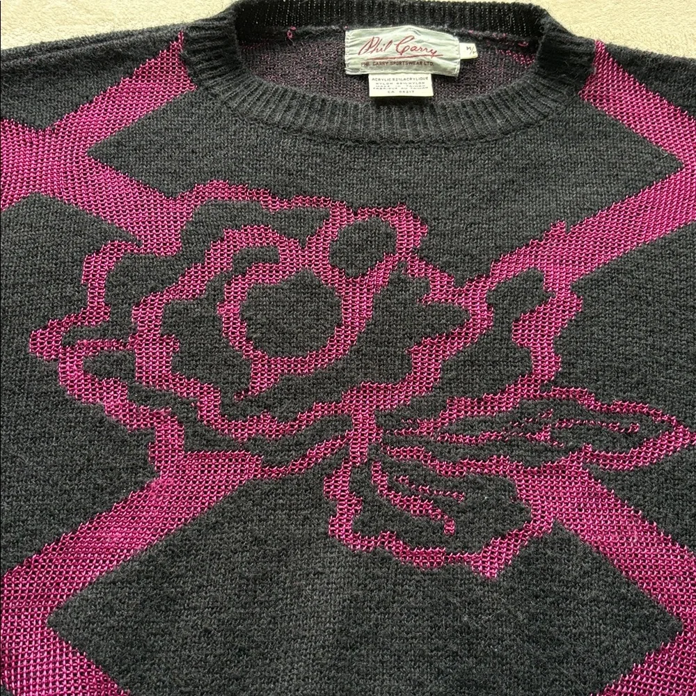 Vintage Phil Carry 1980s Sweater Jumper Acrylic Nylon Medium Black Fuchsia - Picture 6 of 9